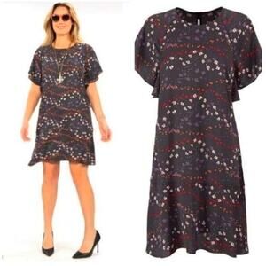 CAbi Muse Floral Print Flutter Sleeve Dress Black Women's SZ Small EUC Classic